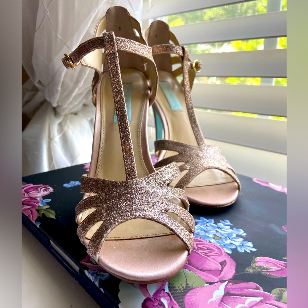 Betsey Johnson wedding glitter T Strap shoes.